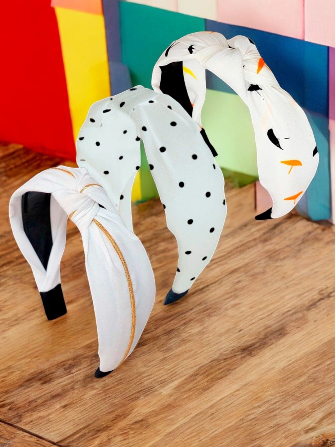 

fabula Women Set of 3 Satin Silk Embellished Printed Hairbands, White
