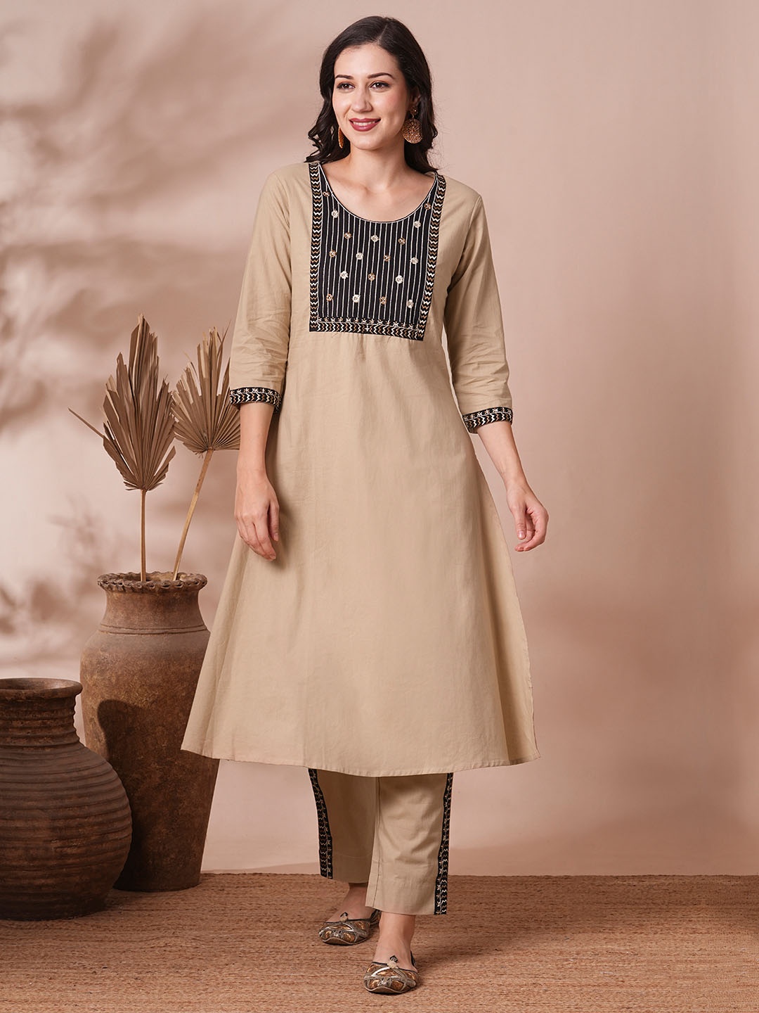 

FASHOR Embroidered Pure Cotton Tunic With Trousers Co-Ords, Beige