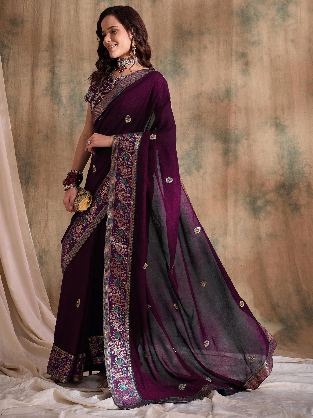 

Sangria Embroidered Saree With Blouse, Purple