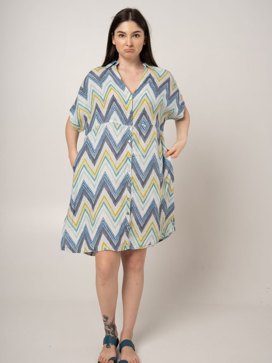

Fabulous Chevron Printed Kimono Sleeve A-Line Dress, Blue
