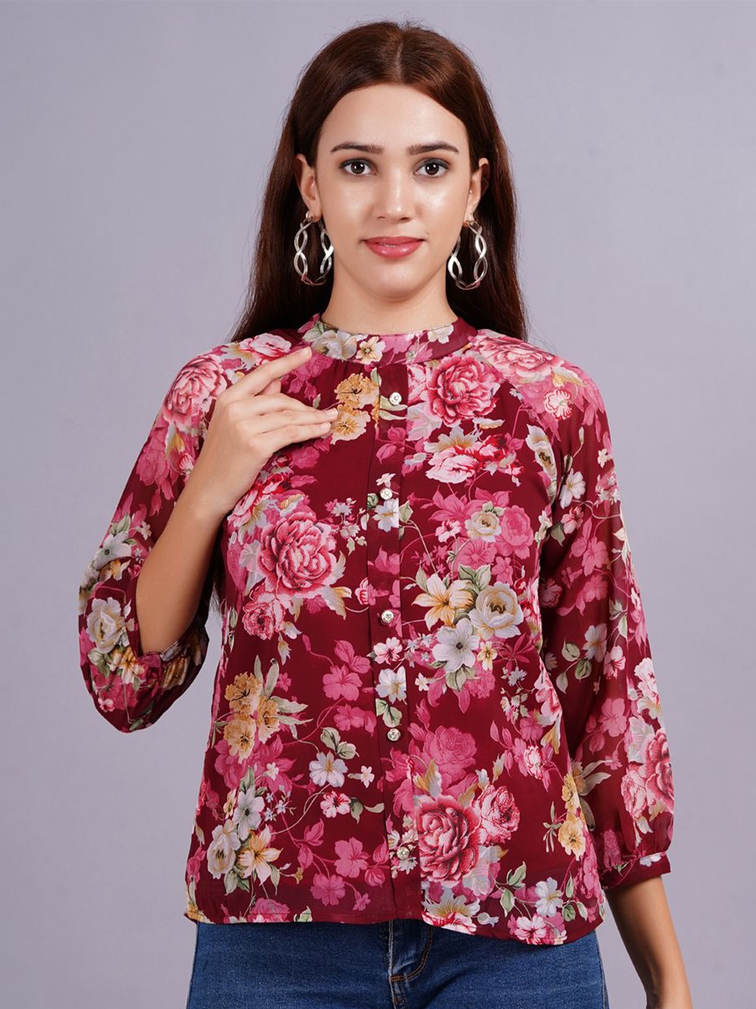 

JC4U Women Floral Printed High Neck Top, Maroon
