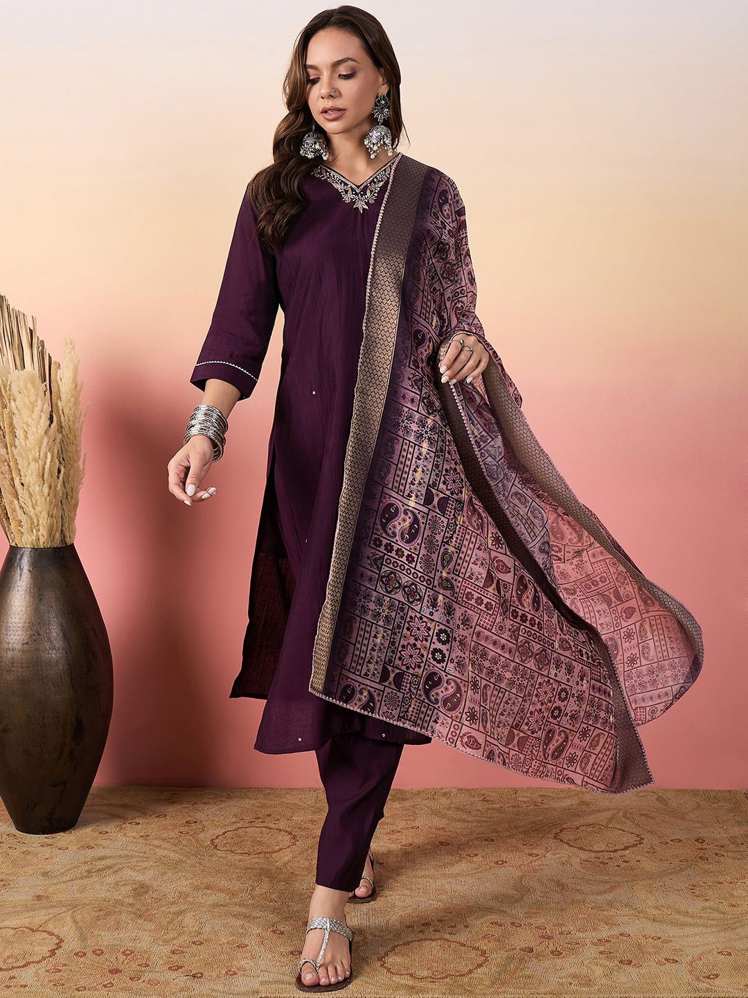 

Krimmple Women Regular Thread Work Pure Silk Kurta with Pyjamas & With Dupatta, Purple