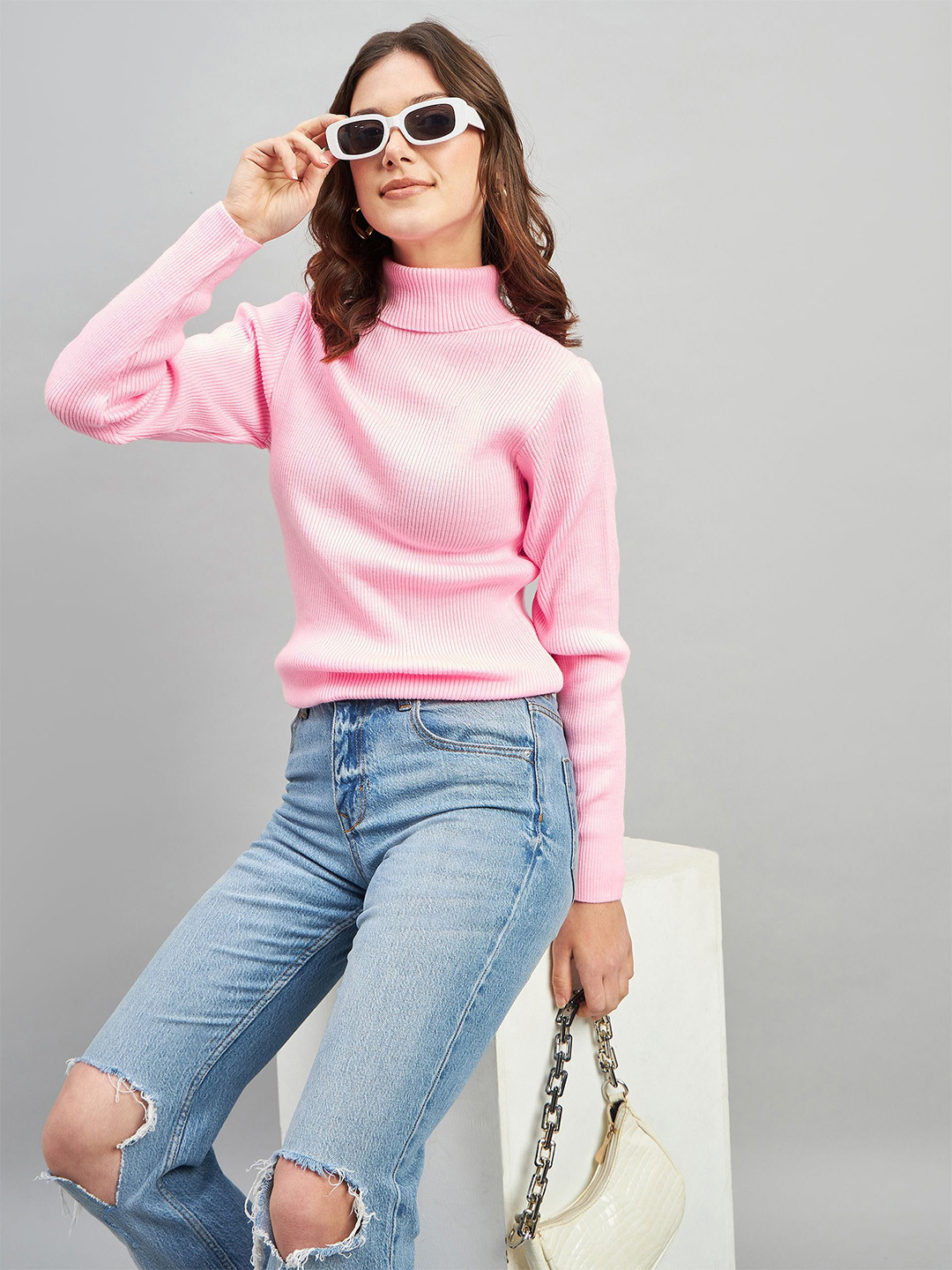

RVK Women Ribbed Turtle Neck Long Sleeves Pullover, Pink
