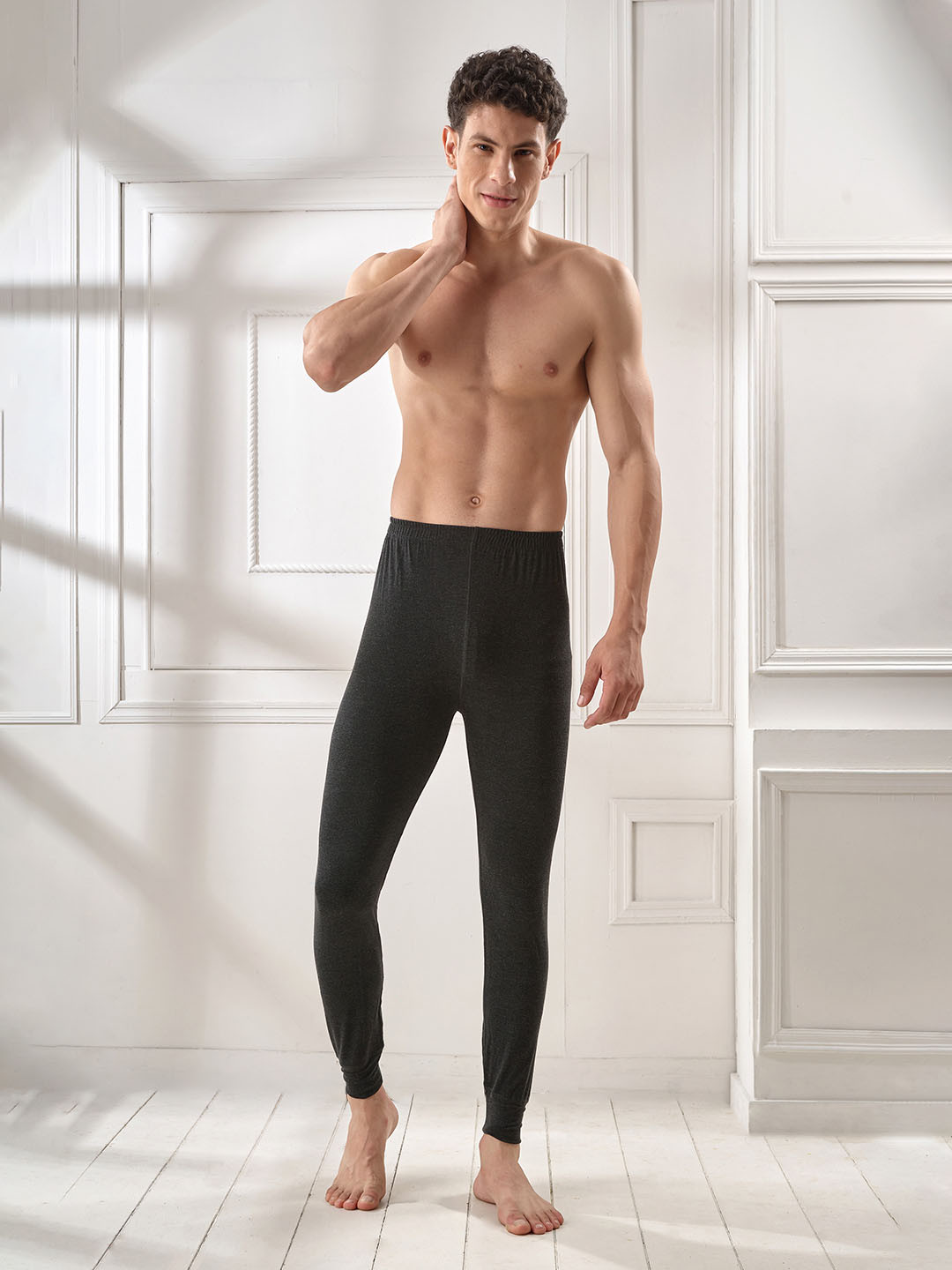 

INFERNO Men Ribbed Mid Rise Thermal Bottoms, Black