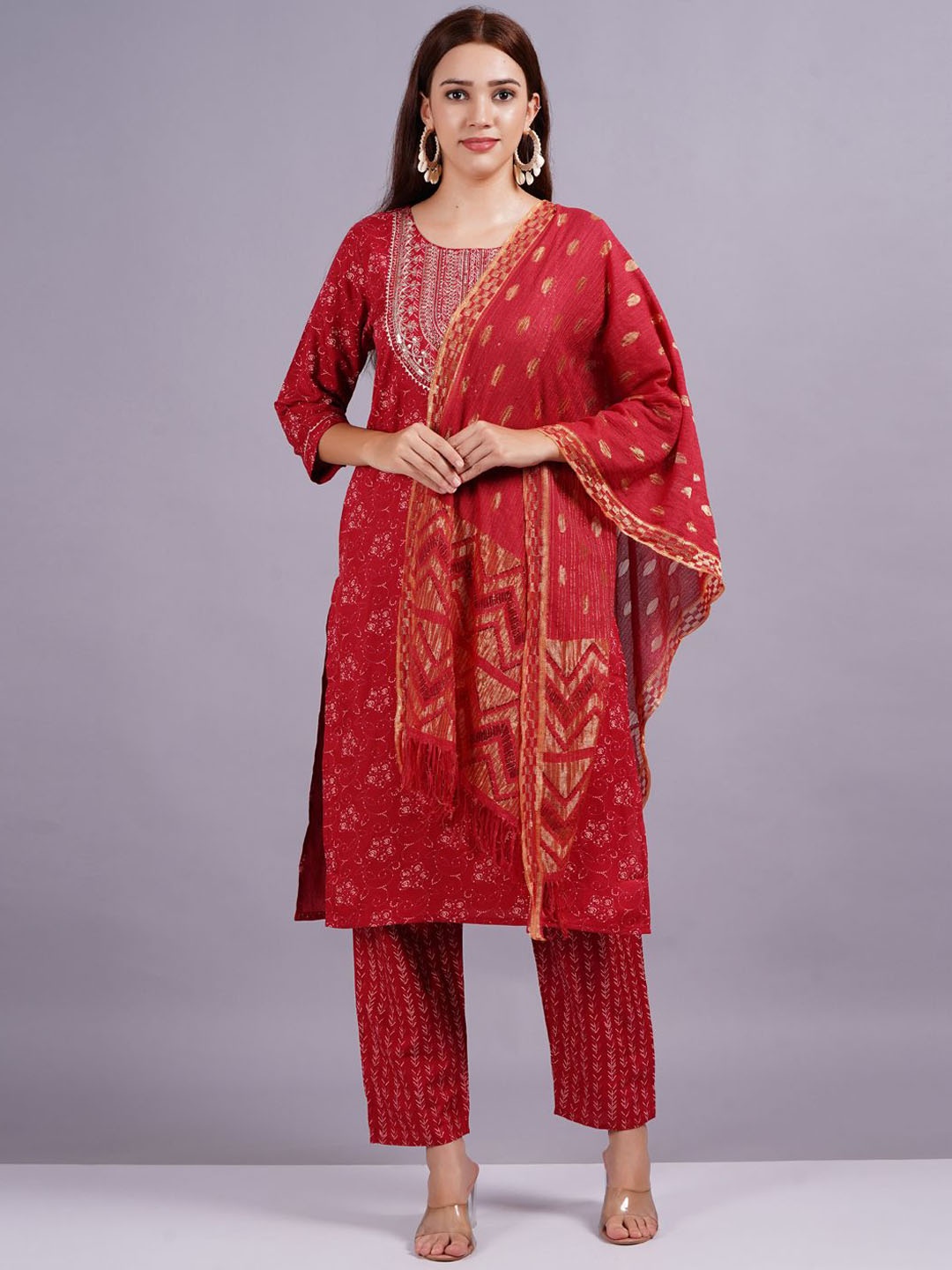 

KALINI Floral Printed Sequinned Round Neck Straight Kurta with Trouser & Dupatta, Red