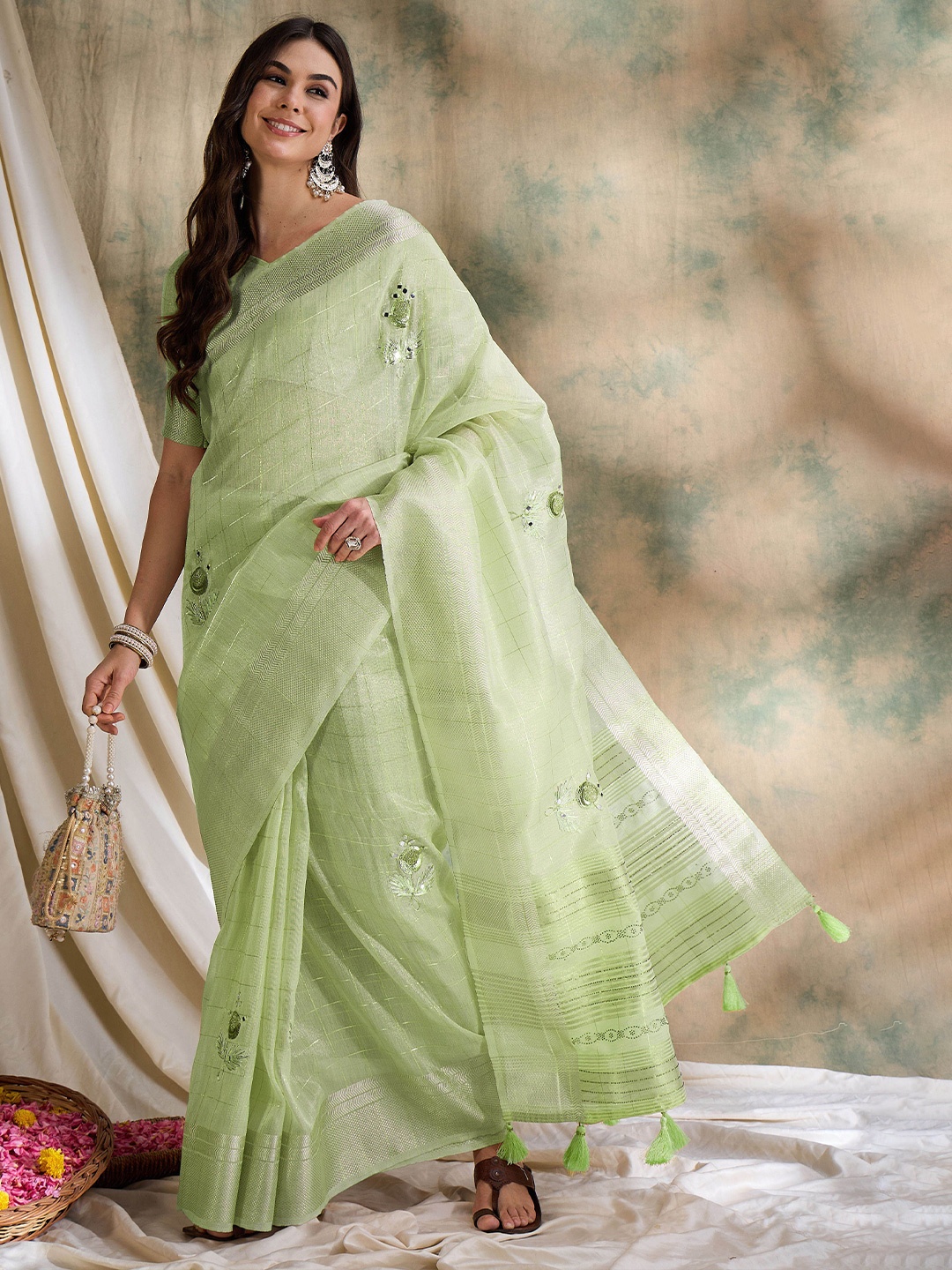 

Sangria Embroidered Mirror Work Saree With Blouse Piece, Green