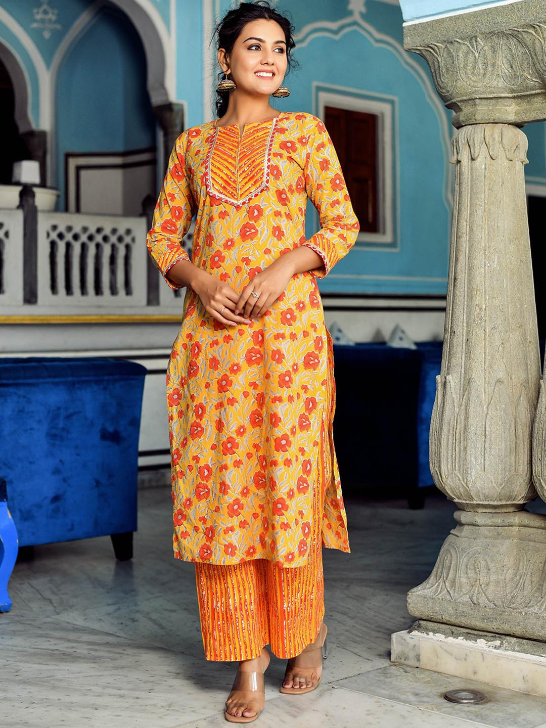 

Anastay Clothing Women 2 piece Floral Printed Regular Pure Cotton Kurta with Palazzos, Yellow