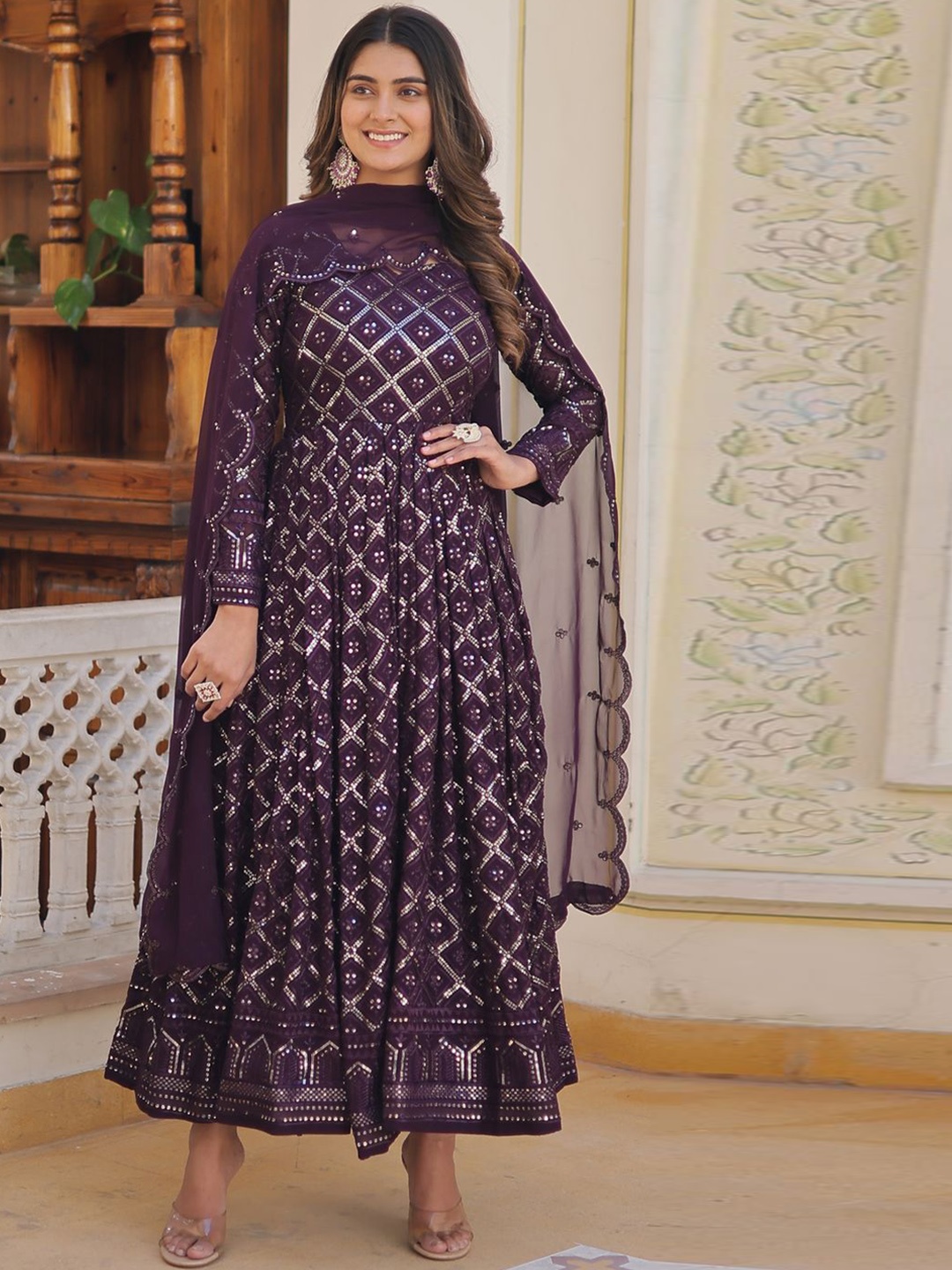 

KALINI Women Ethnic Motifs Sequinned Georgette Anarkali Kurta & Dupatta, Purple