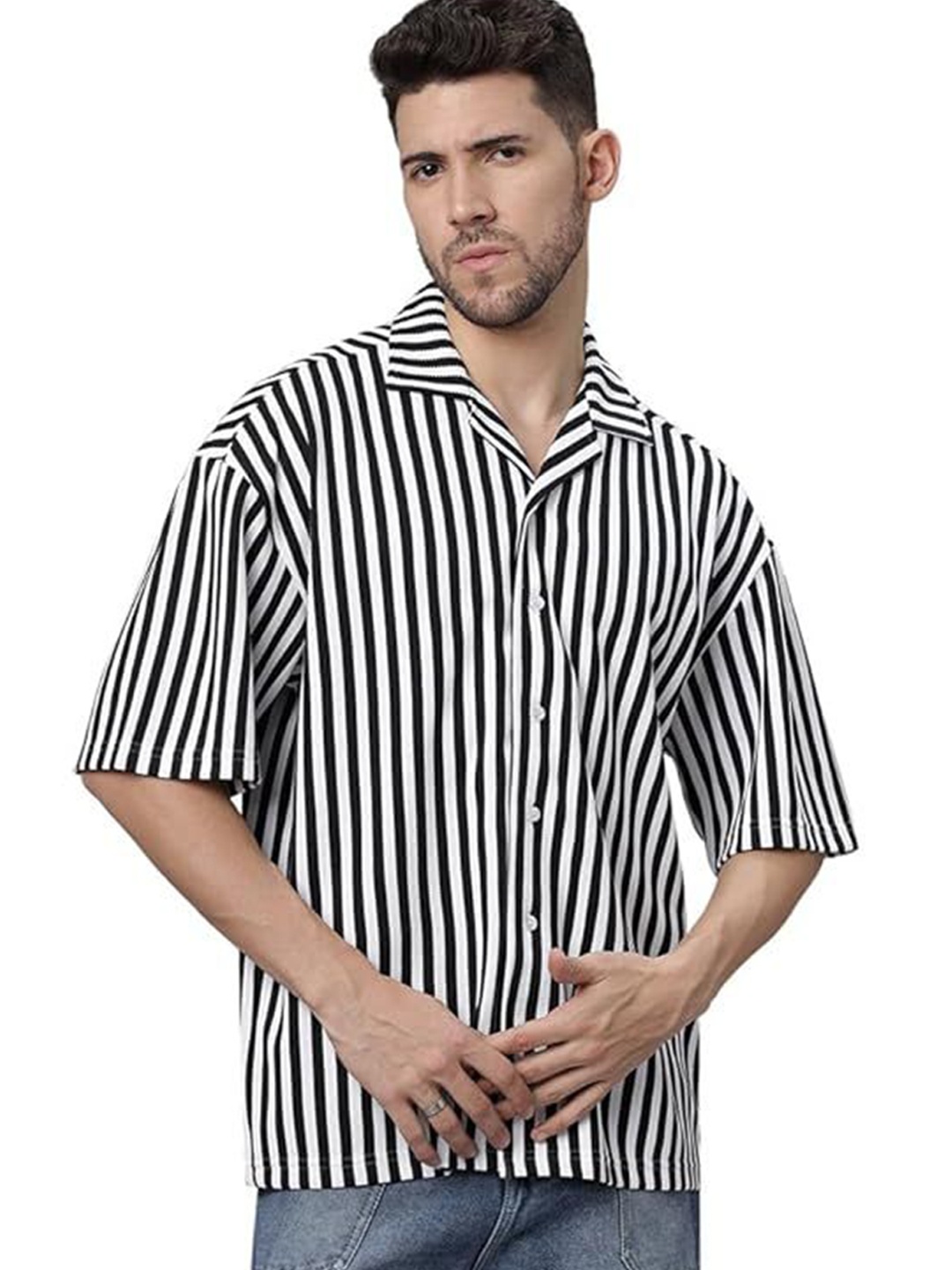 

Wear Your Opinion Men Relaxed Cuban Collar Vertical Striped Oversized Casual Shirt, Black