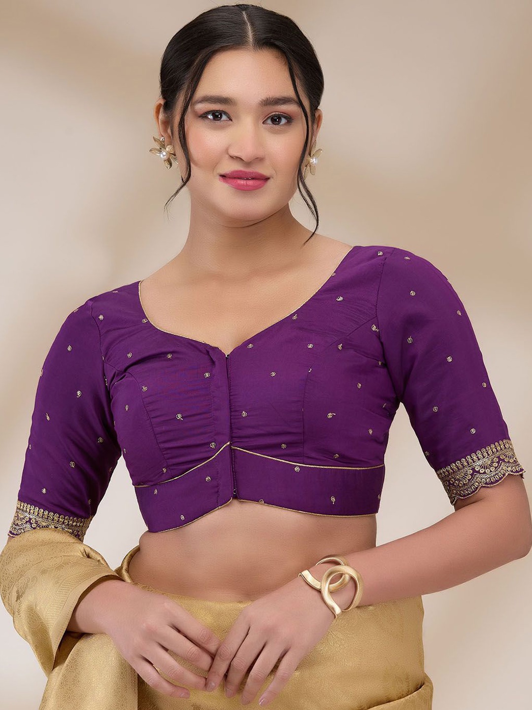 

SALWAR STUDIO Embroidered Short Sleeves Padded Saree Blouse, Purple