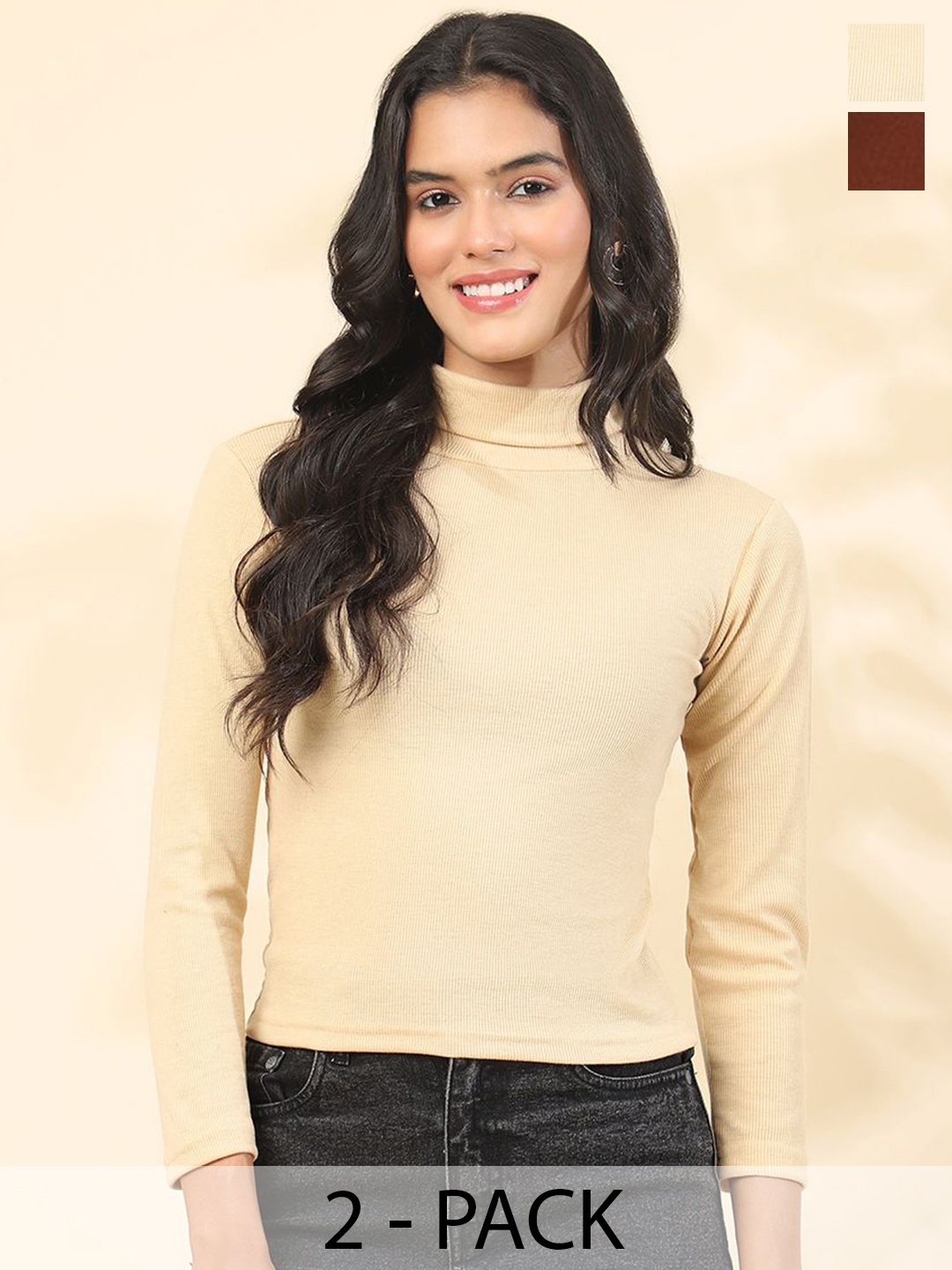 

Tulsattva Women Pack Of 2 Solid High Neck Cotton Tops, Coffee brown