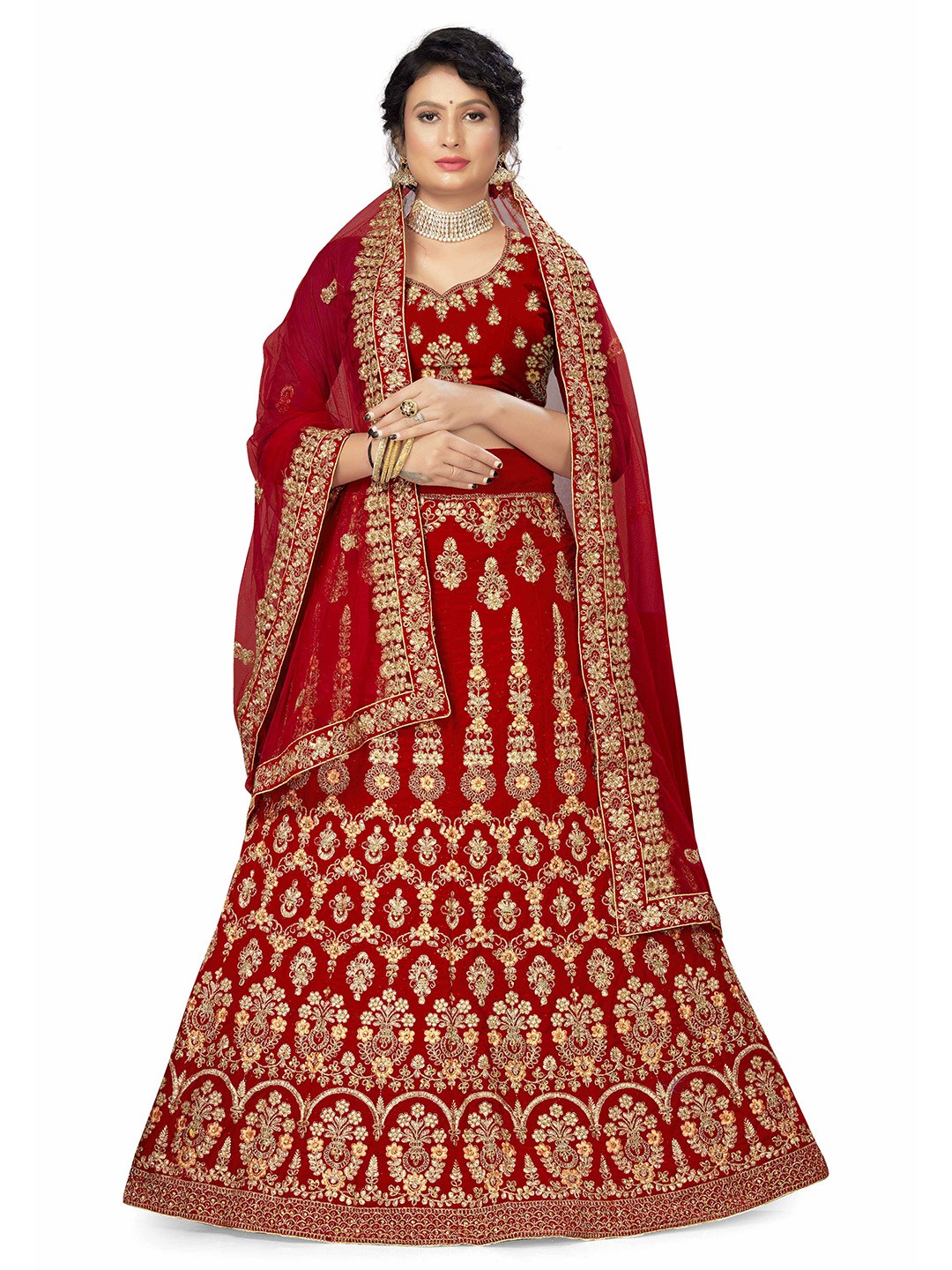 

Maroosh Embellished Thread Work Unstitched Lehenga & Blouse With Dupatta, Red