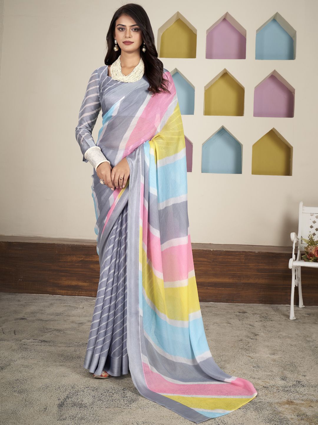 

CHUDIYA Leheriya Printed Pure Chiffon Leheriya Designer Saree, Grey