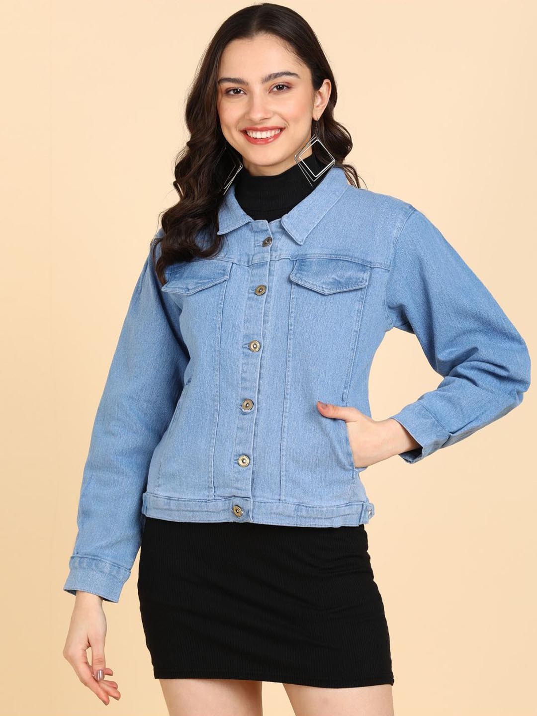 

DLOB Women Solid Spread Collar Denim Jacket, Blue