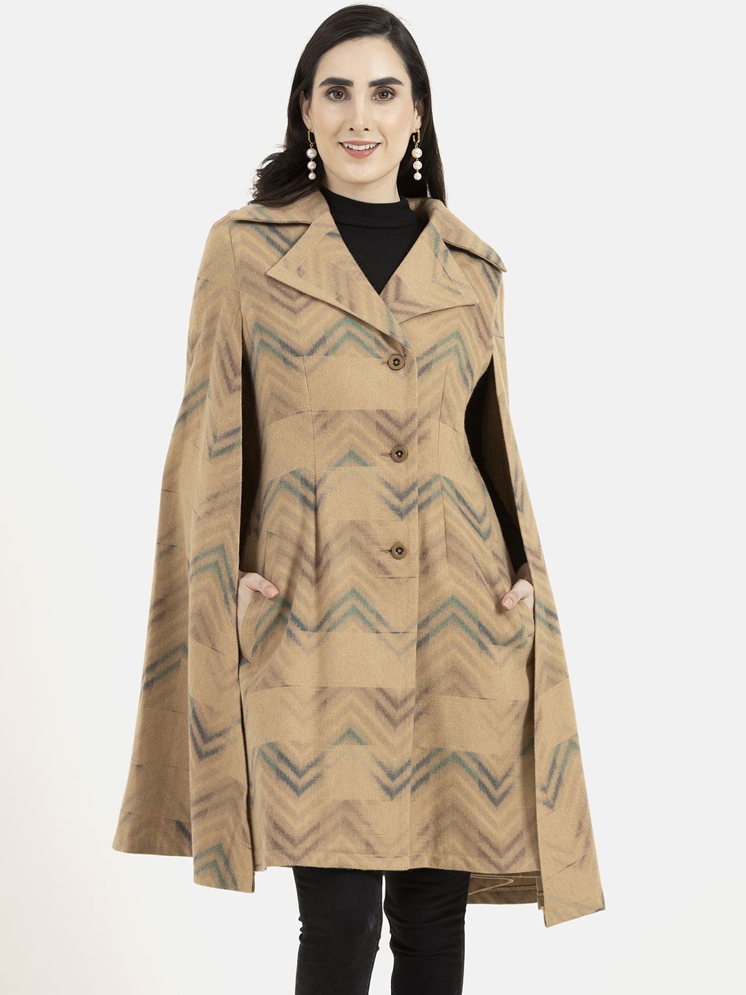 

Owncraft Women Printed Double Breasted Wool Trench Coat, Camel brown