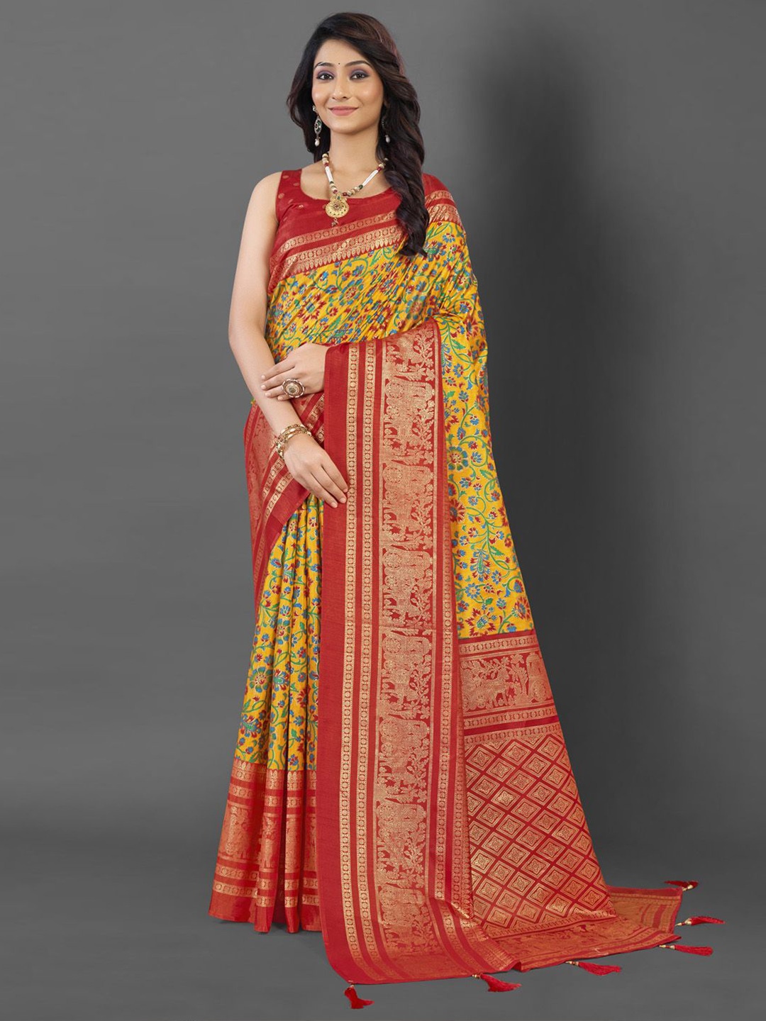 

Mitera Ethnic Motifs Printed Zari Pochampally Saree, Yellow