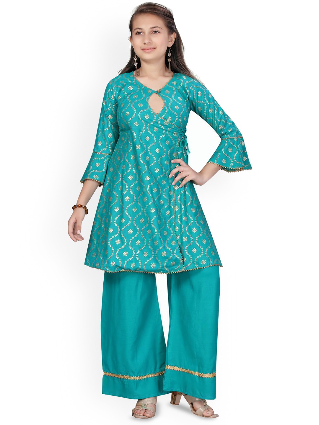 

BAESD Girls Pure Cotton Ethnic Motifs Printed Kurta & Palazzos, Green