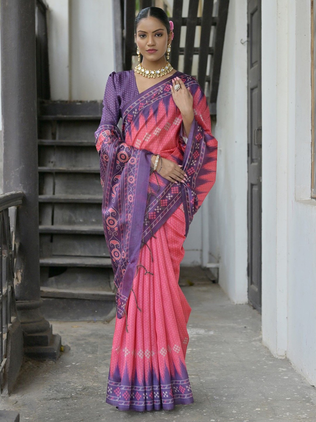 

Kandora Geometric Printed Pure Silk Tussar Saree, Pink