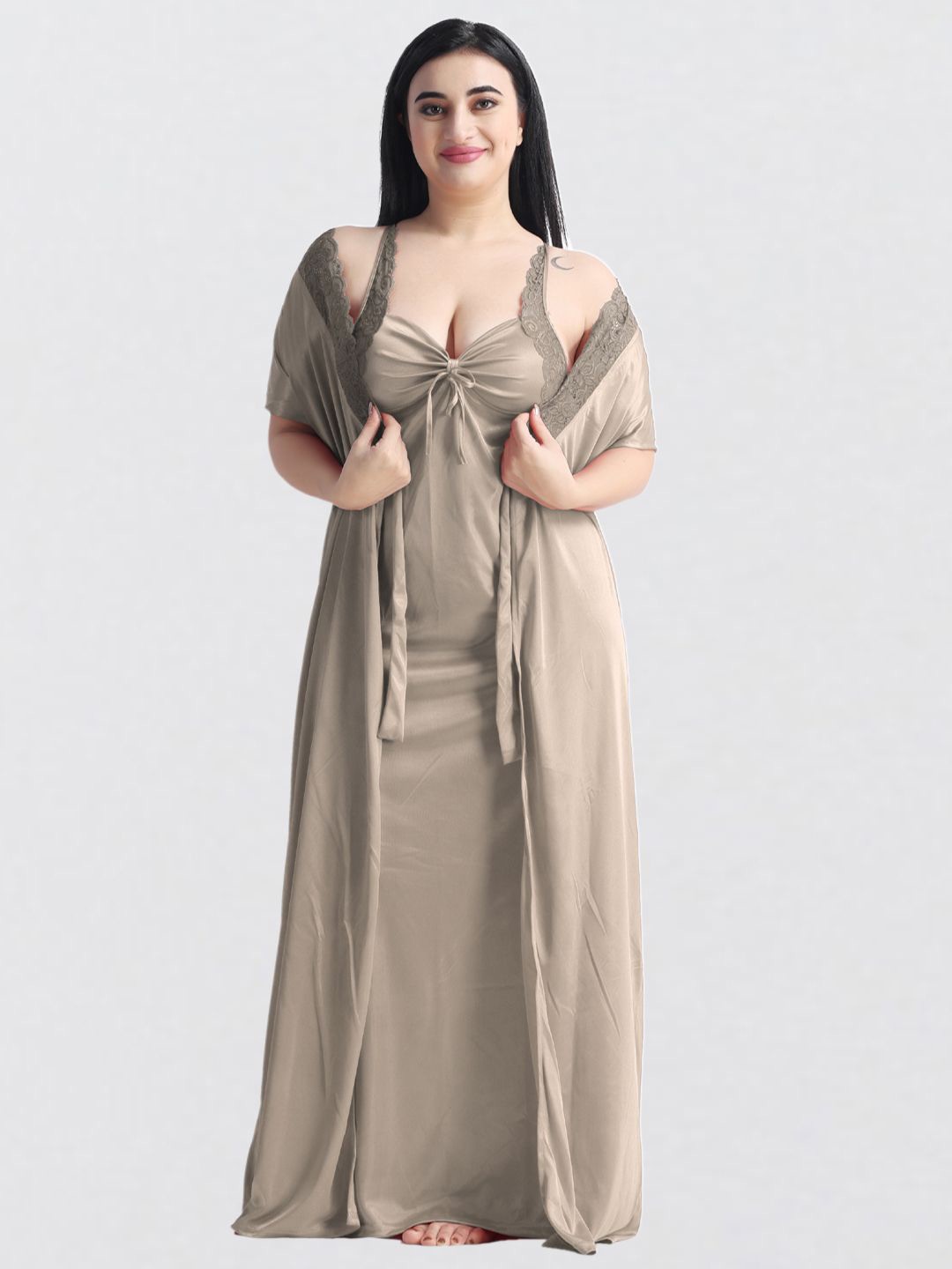 

NIGHT KEYS Solid Maxi Nightdress, Beige