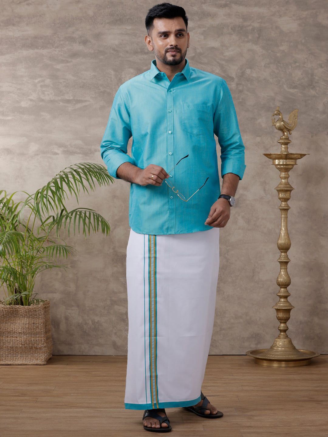 

RAMRAJ Men Solid Traditional Cotton Shirt And Matching Fancy Border Dhoti, Blue