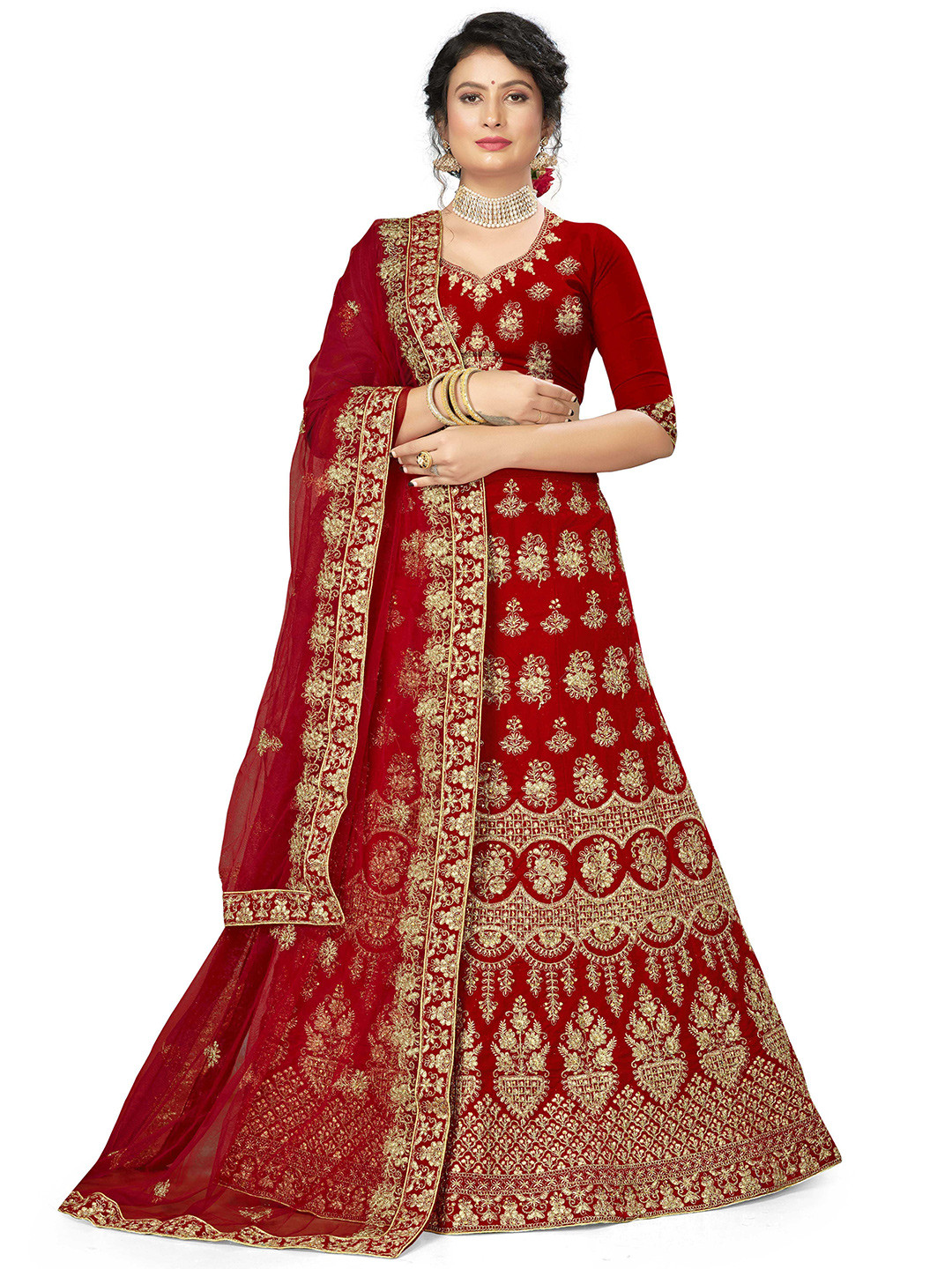 

Maroosh Embellished Thread Work Unstitched Lehenga & Blouse With Dupatta, Red
