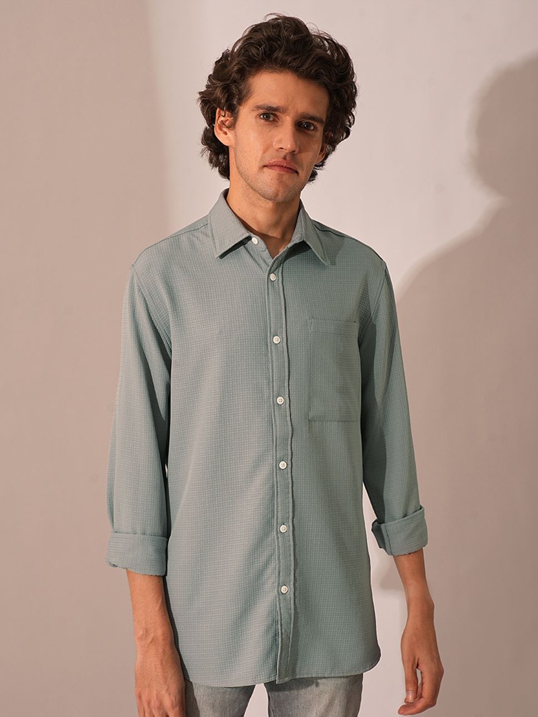 

SELECTED Men Spread Collar Textured Cotton Slim Fit Casual Shirt, Grey