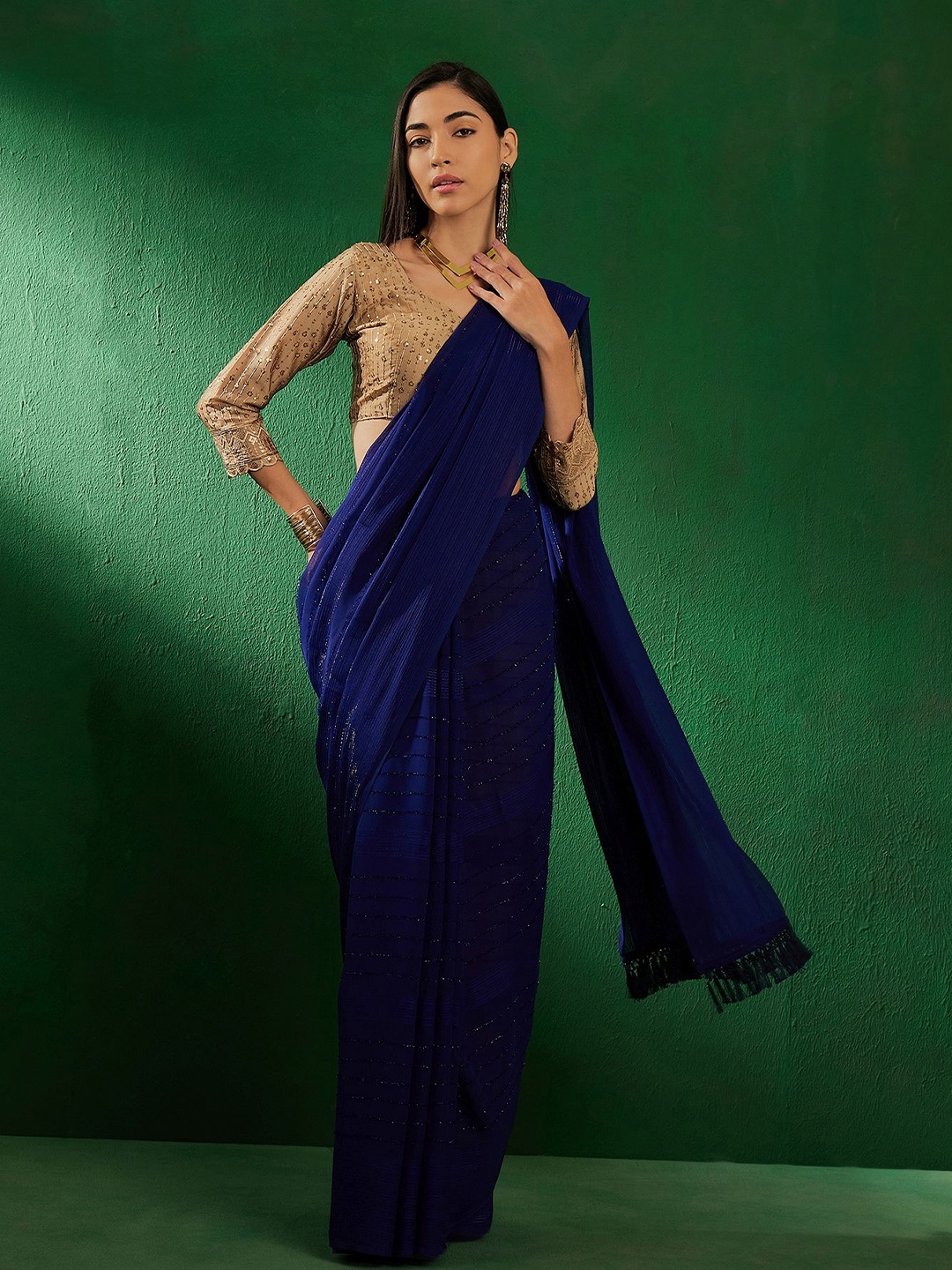 

Maroosh Striped Sequinned Banarasi Saree, Blue