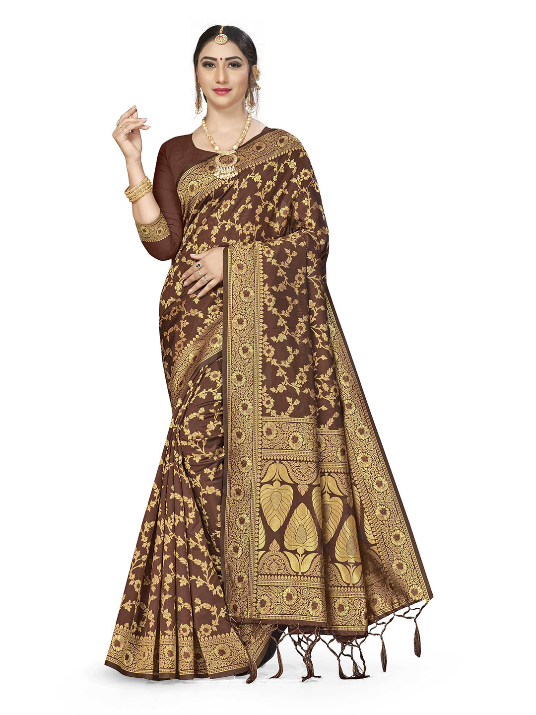 

Maroosh Floral Woven Zari Banarasi Saree, Brown