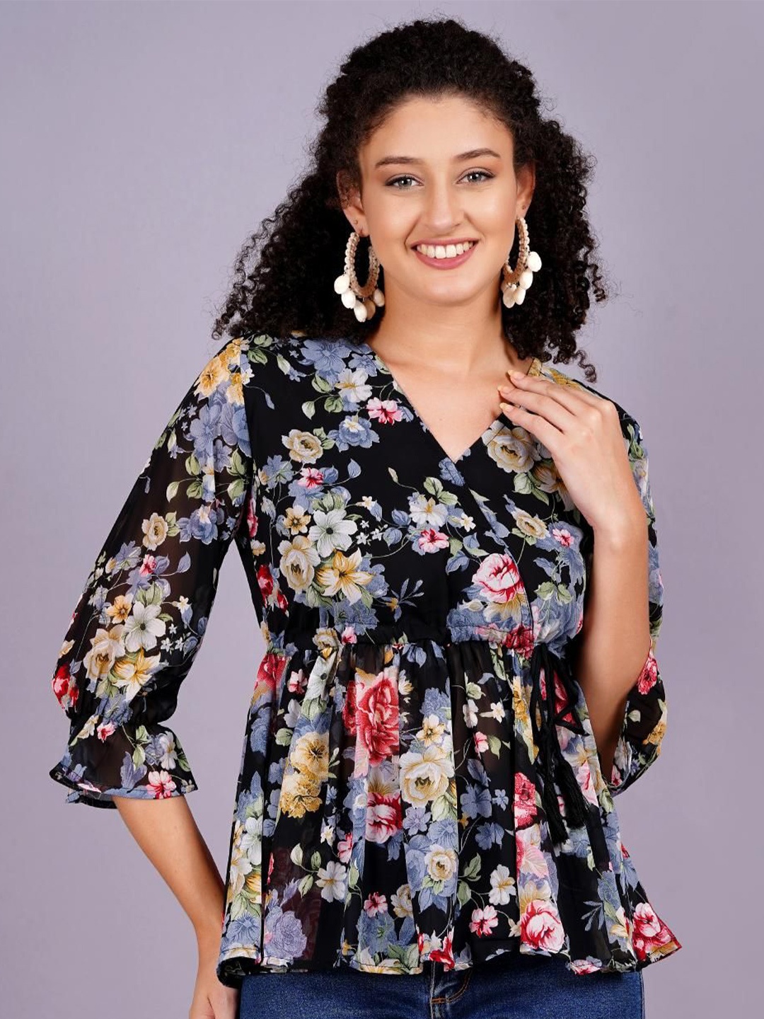 

HIGHLIGHT FASHION EXPORT Women Floral Printed V-Neck Top, Black