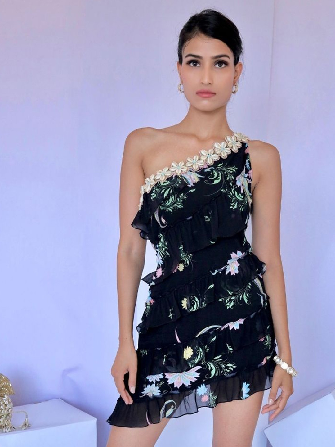

Foram patel One Shoulder Black Embroidered Ruffle Dress