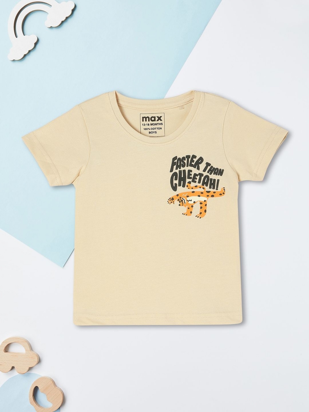 

max Boys Typography Printed Round Neck Cotton T-shirt, Beige