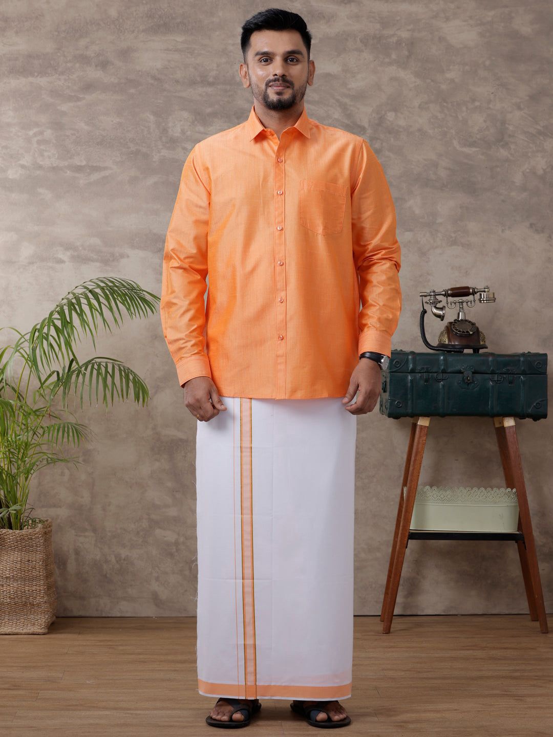 

RAMRAJ Men Solid Traditional Cotton Shirt And Matching Fancy Border Dhoti, Orange
