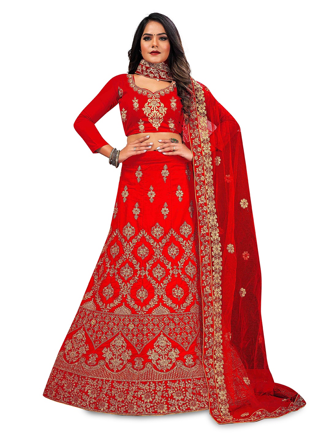 

Maroosh Embellished Thread Work Unstitched Lehenga & Blouse With Dupatta, Red