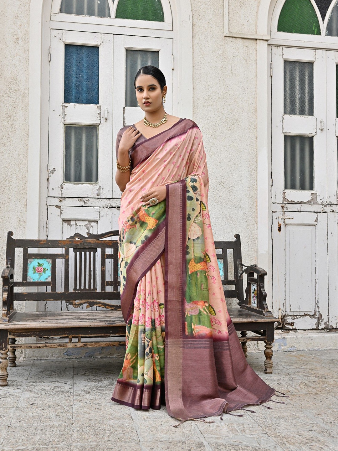 

Kandora Kalamkari Printed Zari Pure Silk Saree, Peach