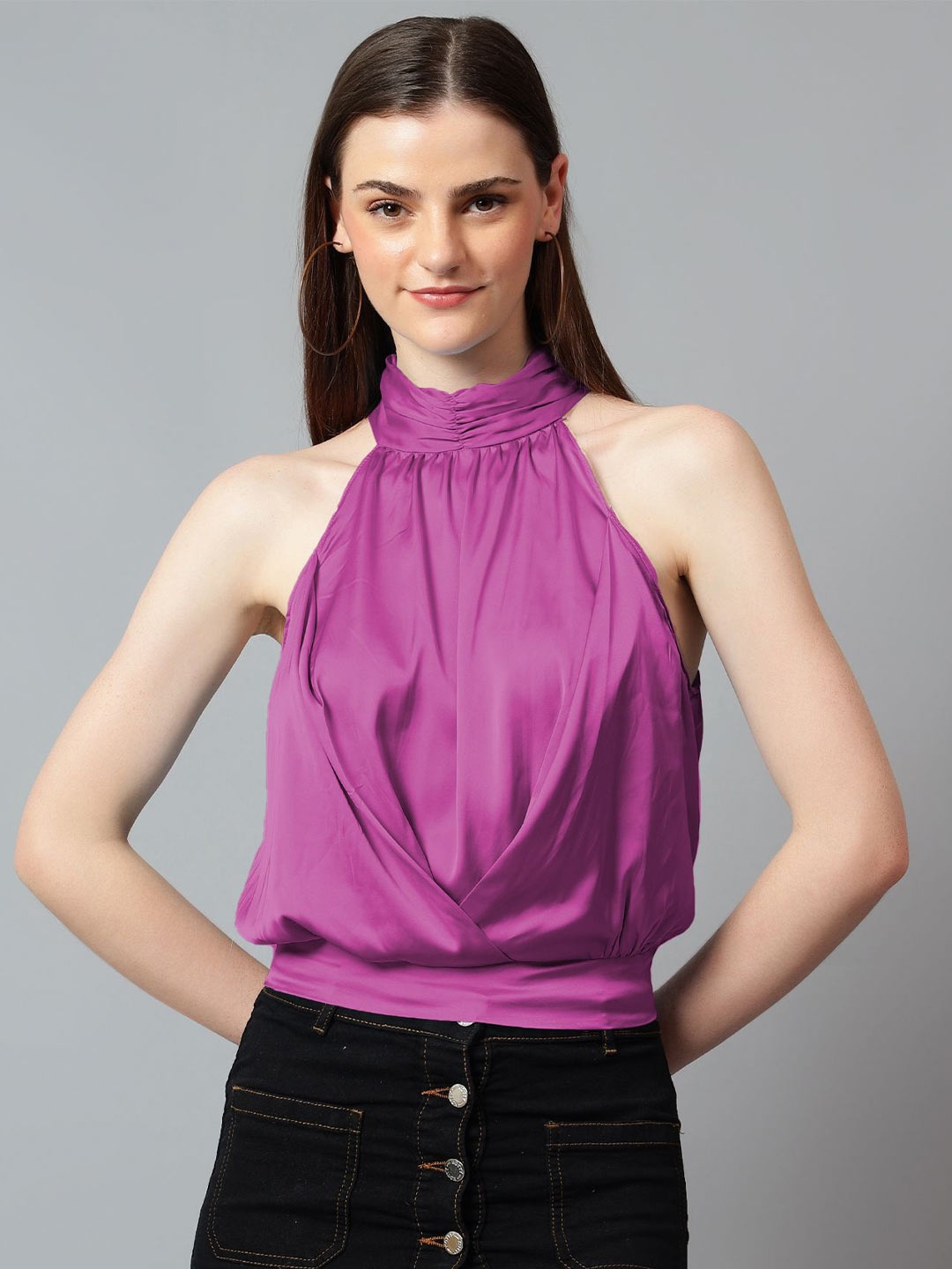 

Kotty Women Solid Halter Neck Satin Top, Purple