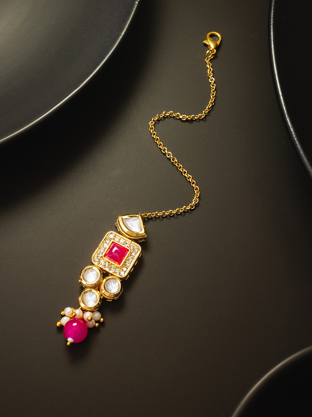 

aadita Gold-Plated Kundan Studded & Pearl Beaded Maang Tikka Head Jewellery