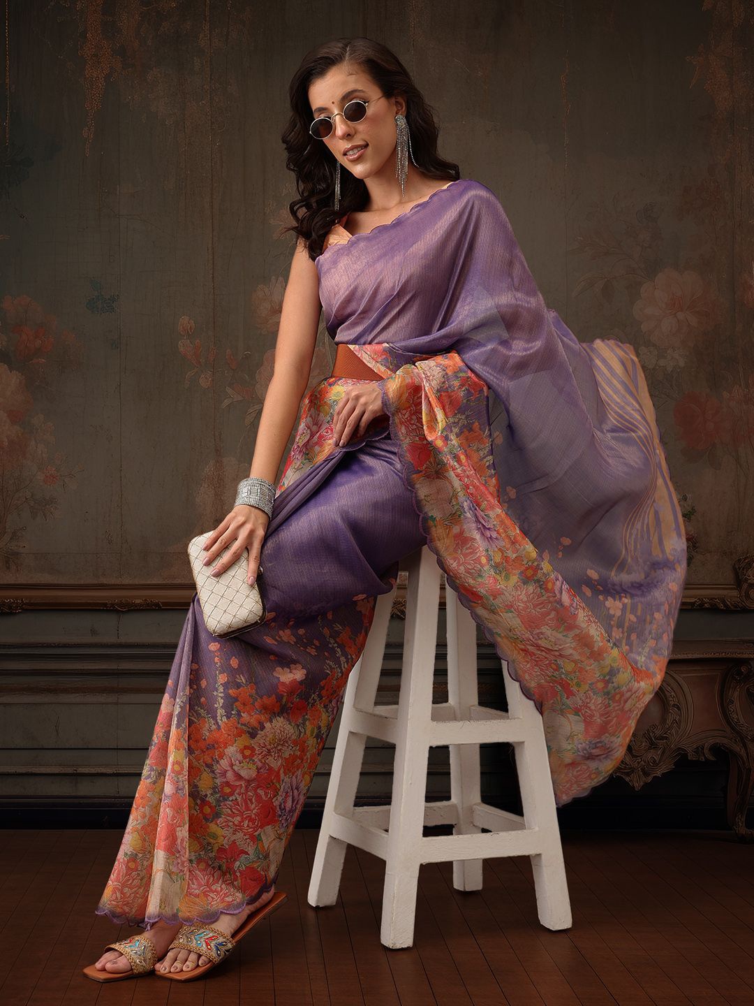 

Silk Land Floral Kota Dhoria Digita Print Saree, Lavender