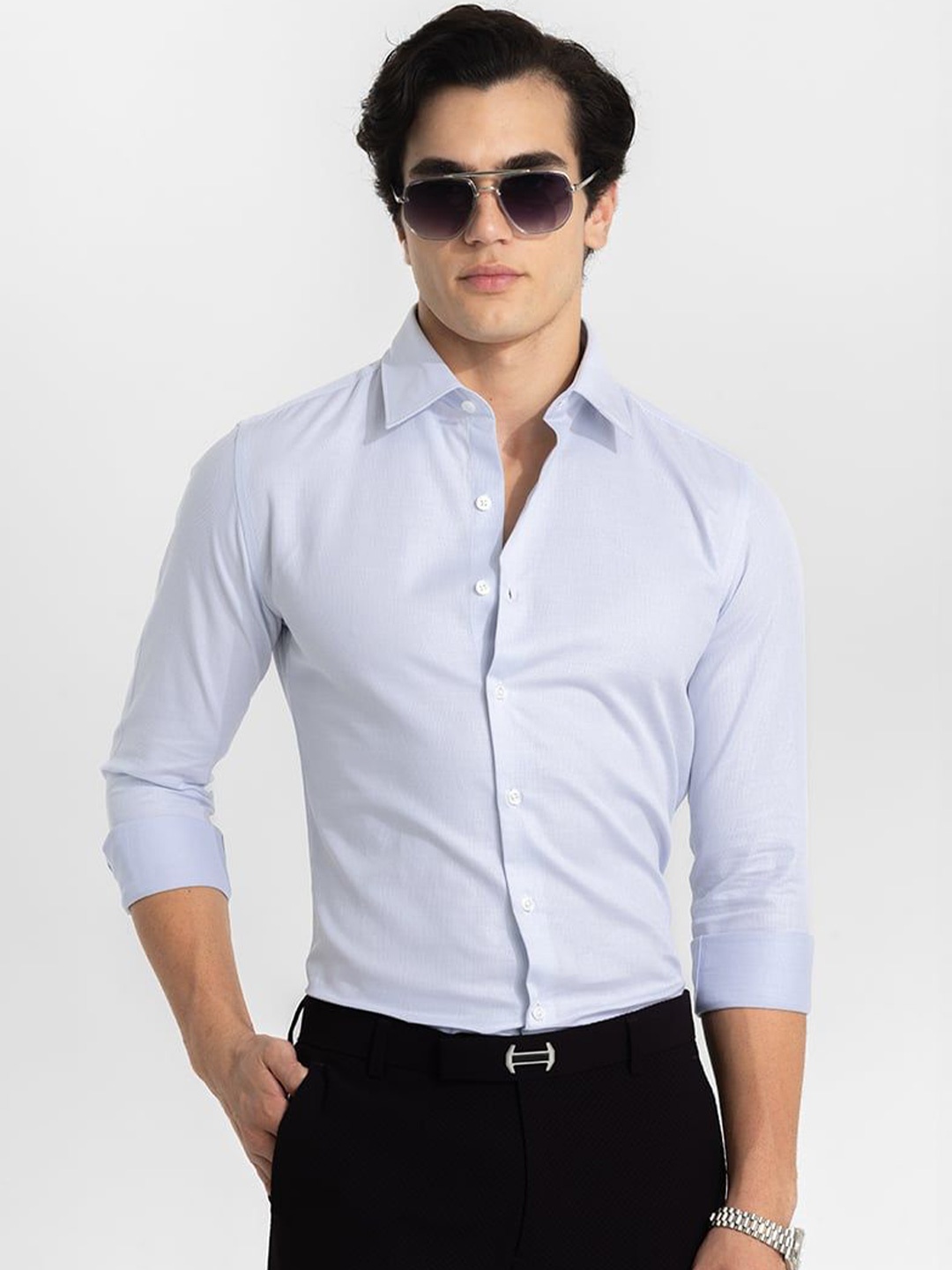 

Snitch Men Smart Slim Fit Textured Pure Cotton Formal Shirt, Blue