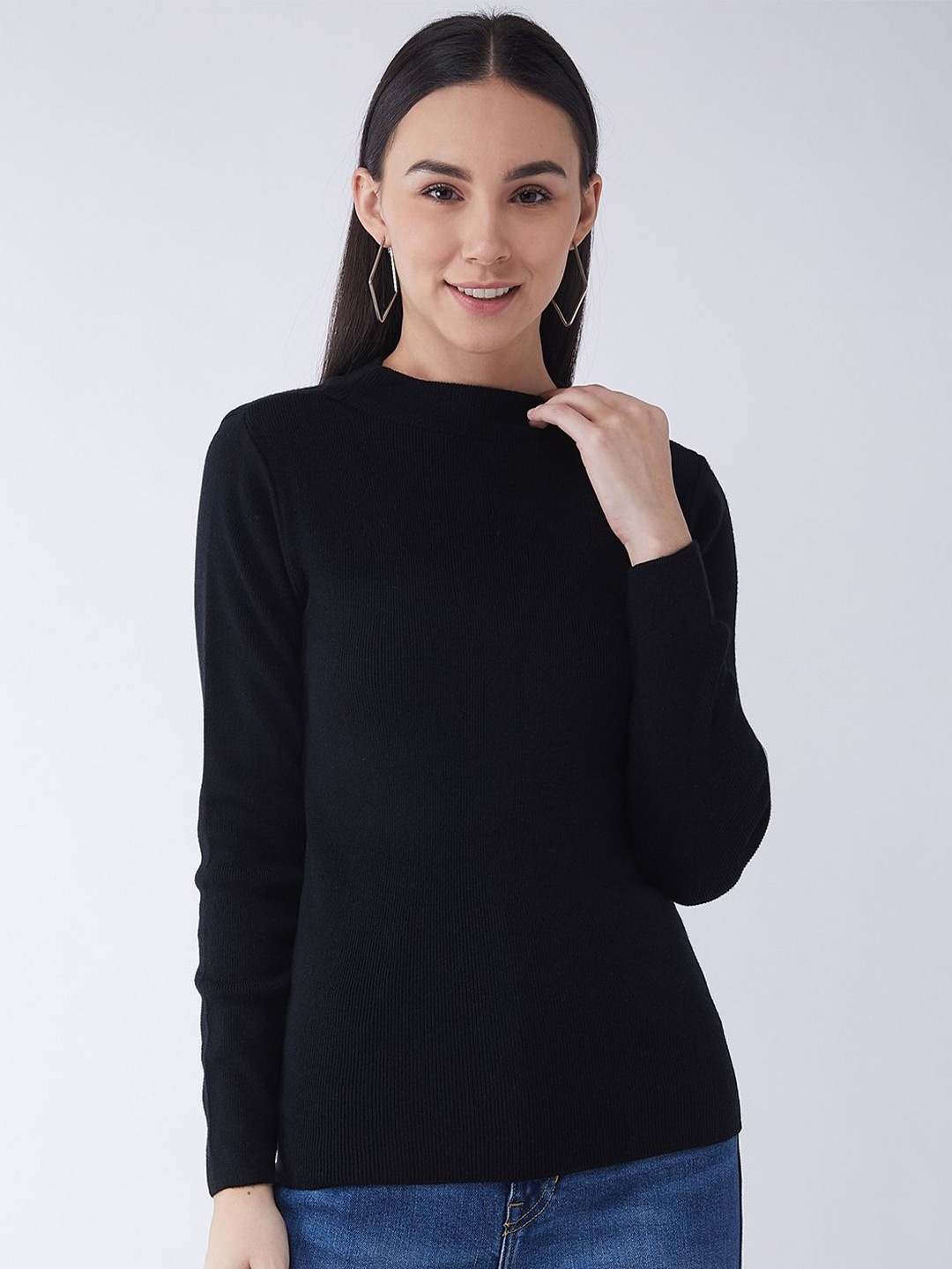 

RVK Women Self Design Long Sleeves Pullover, Black