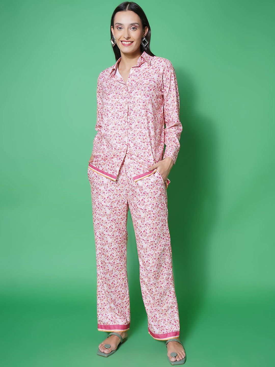 

KATLINE Women Floral Printed Shirt With Trouser Co-Ords Set, Pink