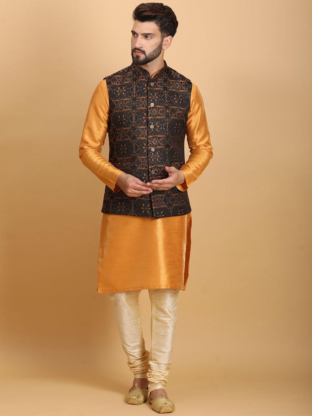 

Ethluxis Men Ethnic Motifs Regular Dupion Silk Kurta with Churidar, Mustard