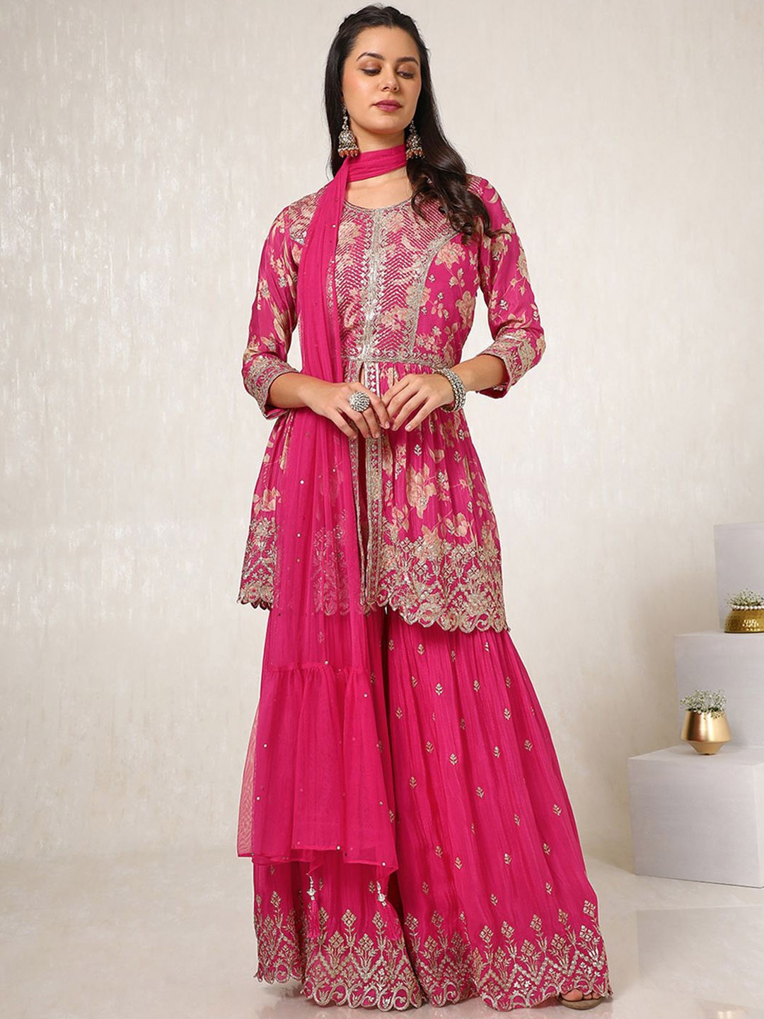 

Soch Floral Printed Round Neck Sequinned Anarkali Kurta With Sharara With Dupatta, Pink