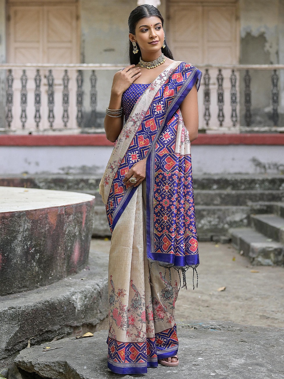 

Kandora Floral Printed Pure Silk Tussar Saree, Blue
