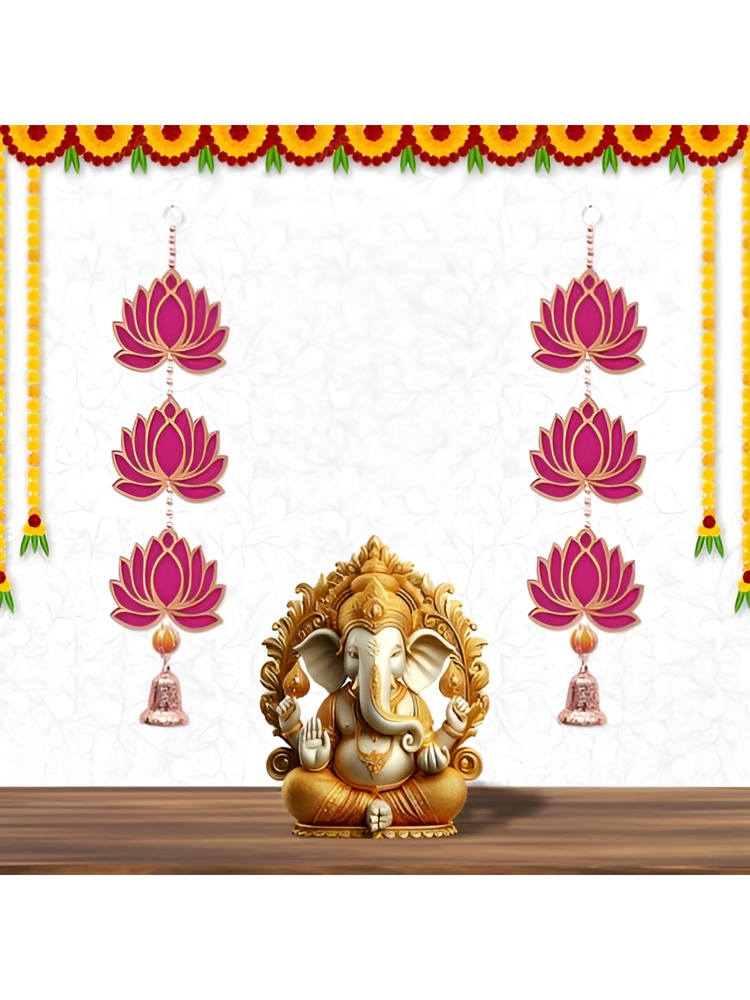 

Perpetual 2 Pieces Pink & Yellow Wooden Lotus Hanging Toran
