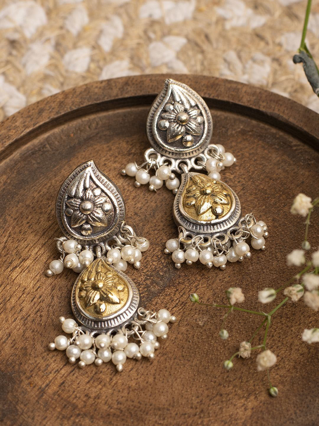 

XPNSV Silver-Plated Pearls Beaded Dual Ambi Floral Jhumkas