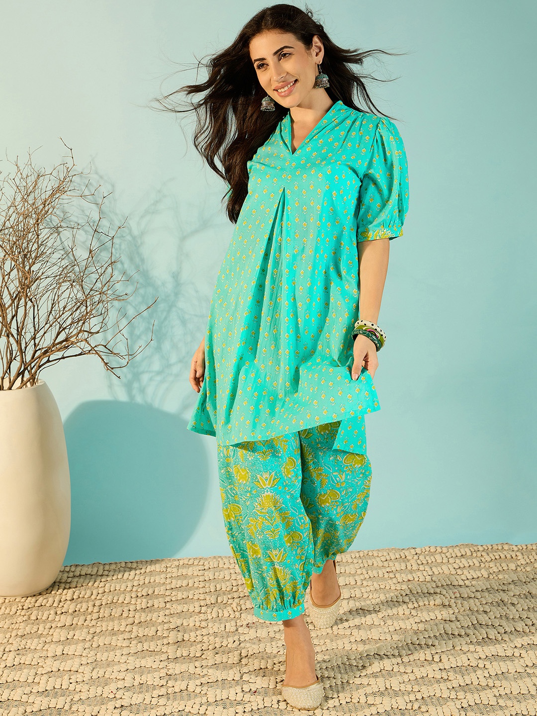 

The Kaftan Company Printed Pure Cotton Tunic With Trousers Co-Ords, Blue