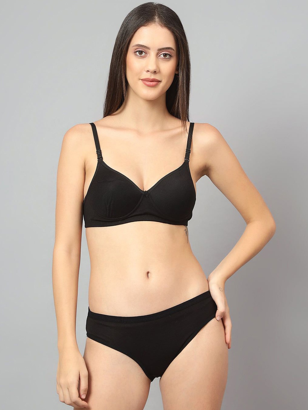 

ACCEZORY Cotton Seamless Lightly Padded Lingerie Set, Black