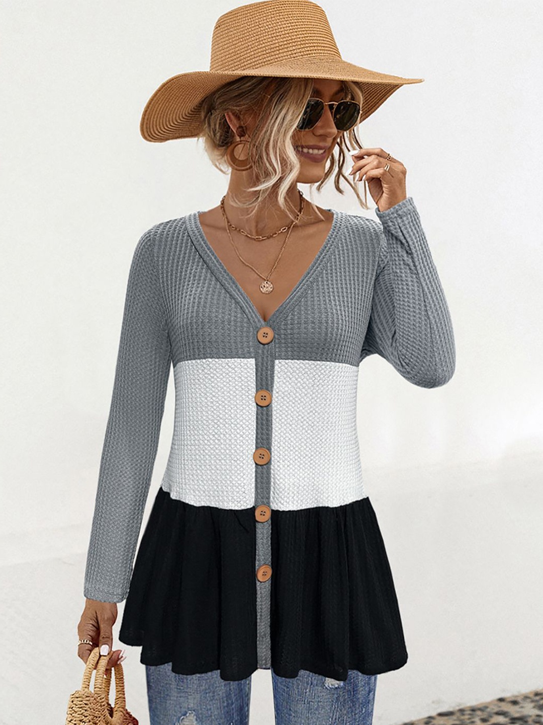 

StyleCast x Revolte Women Colourblocked V-Neck Top, Grey