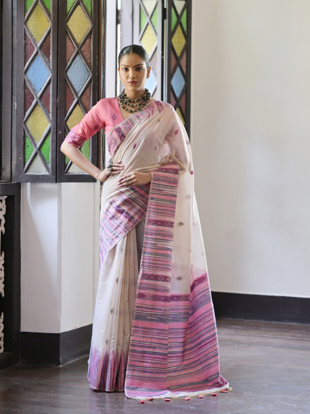 

Kandora Ethnic Motifs Pure Cotton Saree, Pink