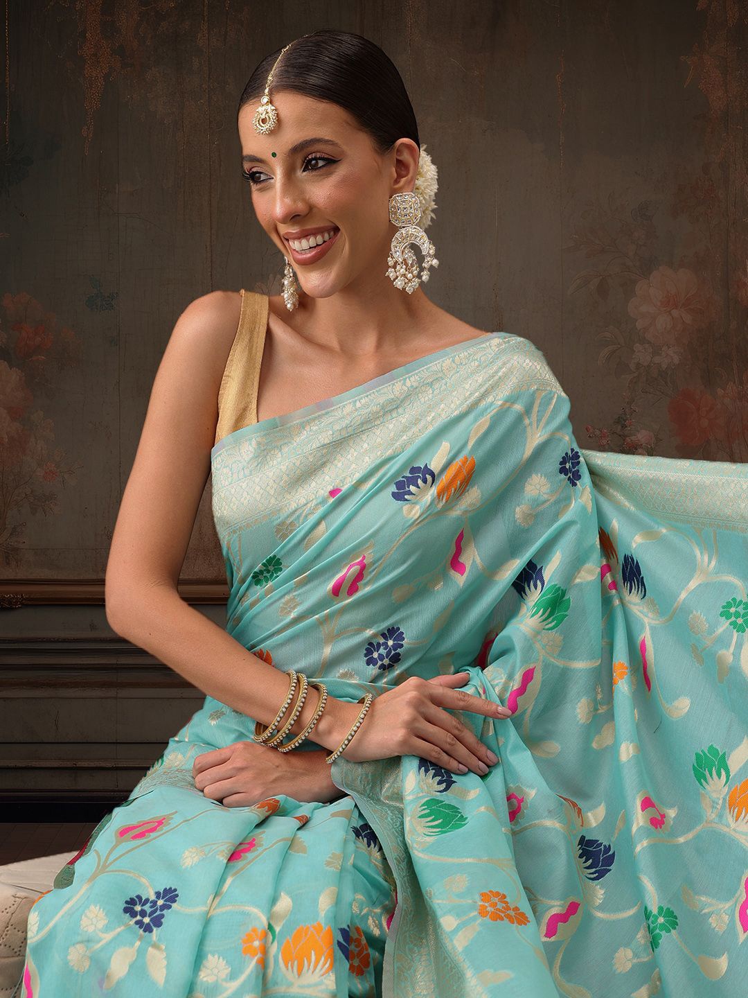 

Silk Land Floral Zari Pure Cotton Saree, Teal